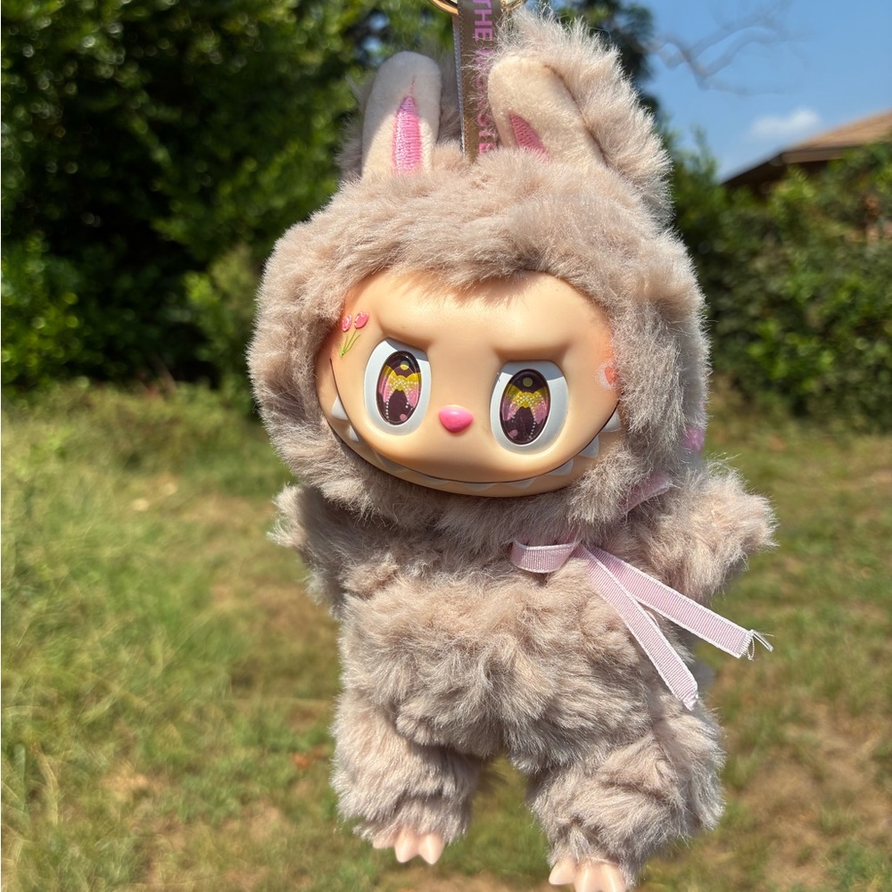 Cute Plush Labubu Doll with Pink Bow and Flowers